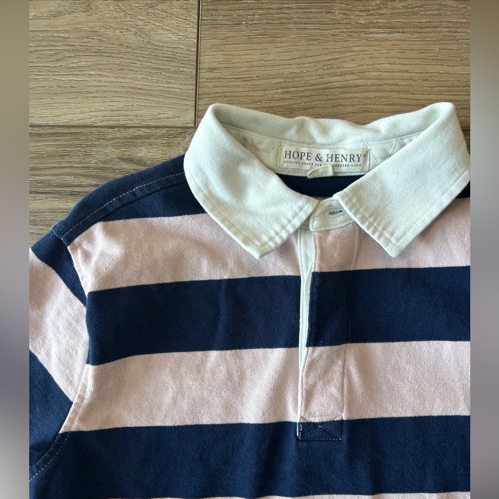 Hope & Henry Boys shirt L pink and blue rugby stripes 100% organic cotton